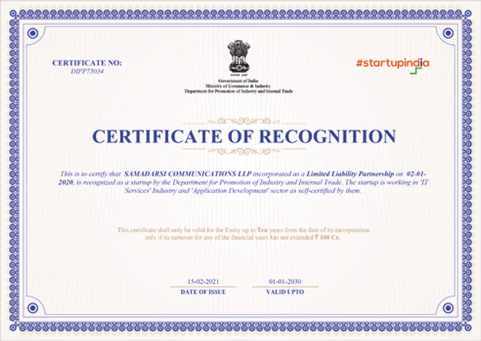 DPIIT Certificate of Recognition - Startup India