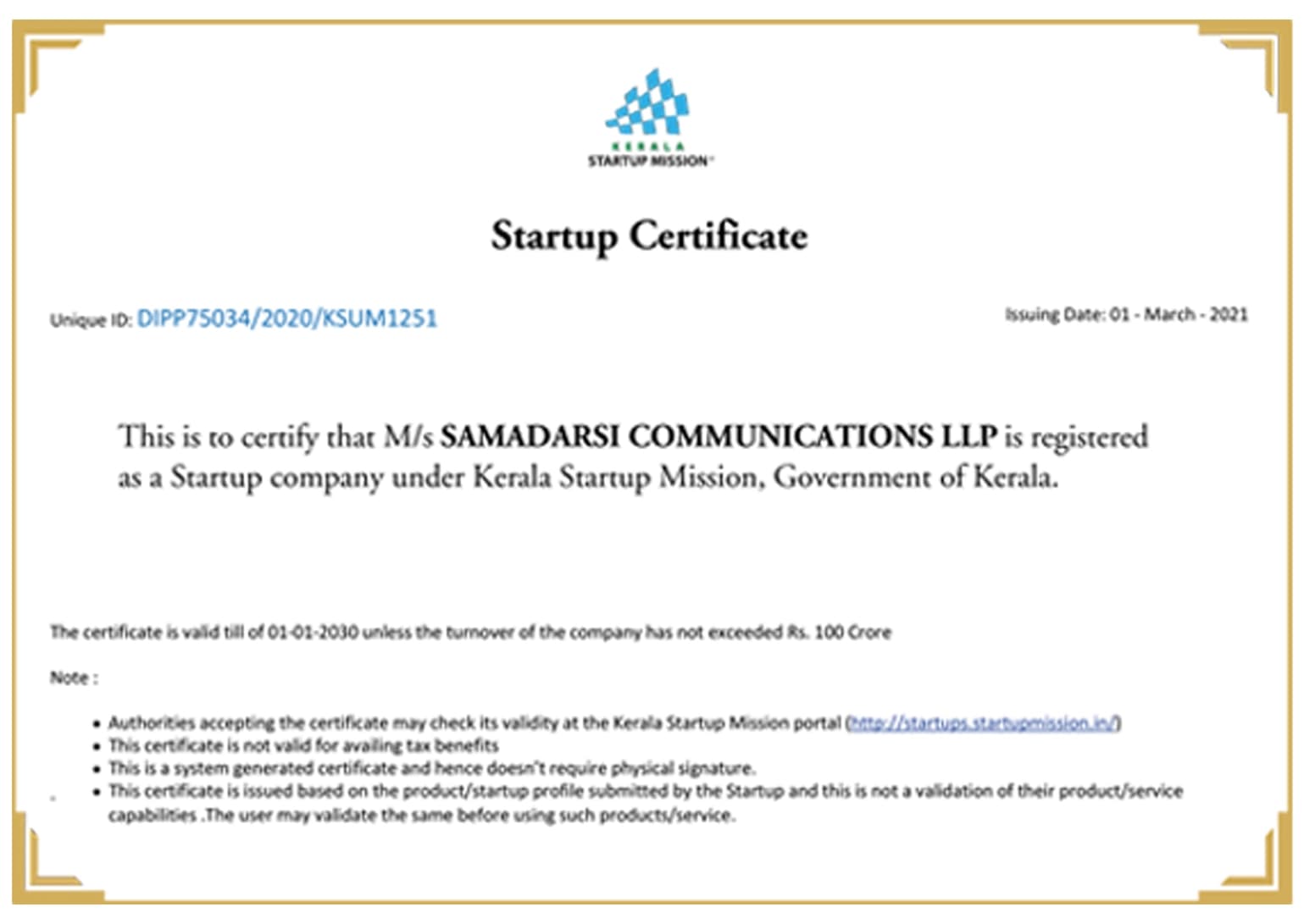 Kerala Startup Mission Startup Certificate