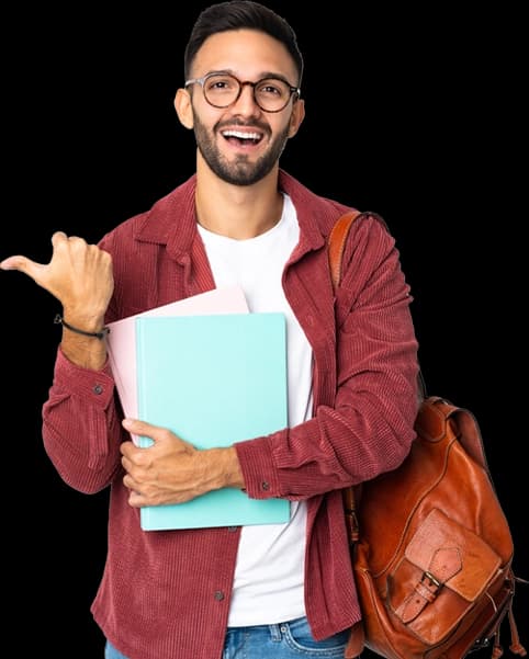 Smiling student with glasses holding notebooks and a leather bag