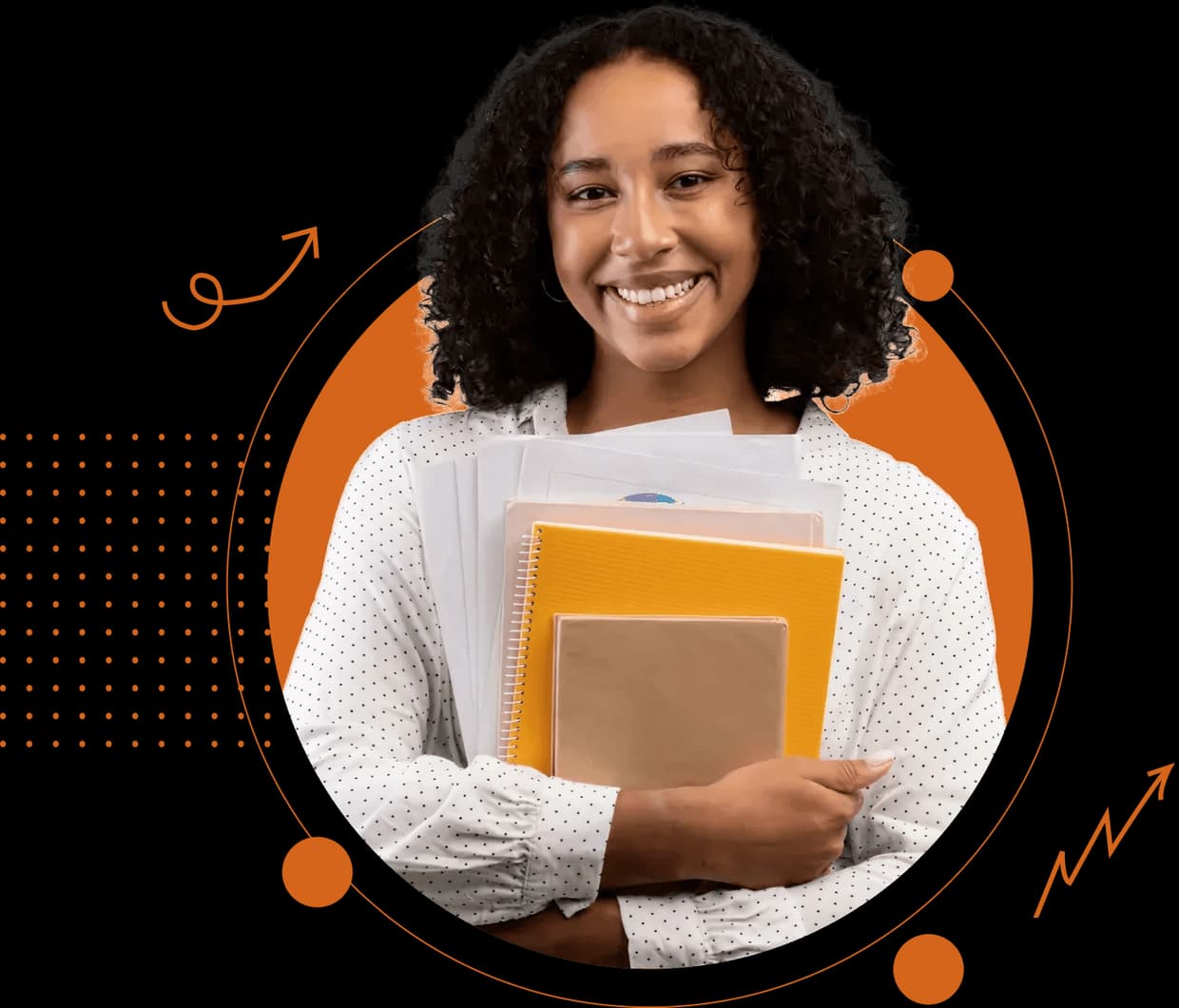Smiling student holding notebooks, on a saffron circle
