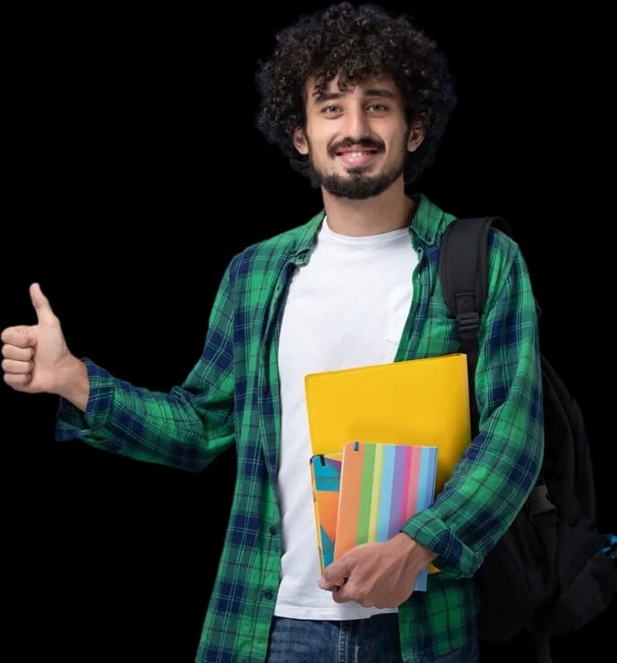 Smiling student with books and a backpack giving a thumbs up