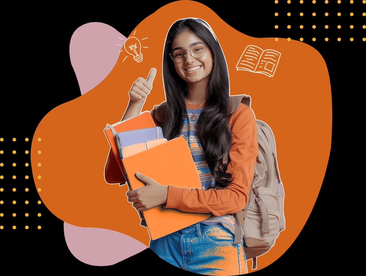Student with books giving a thumbs up, on a saffron blob